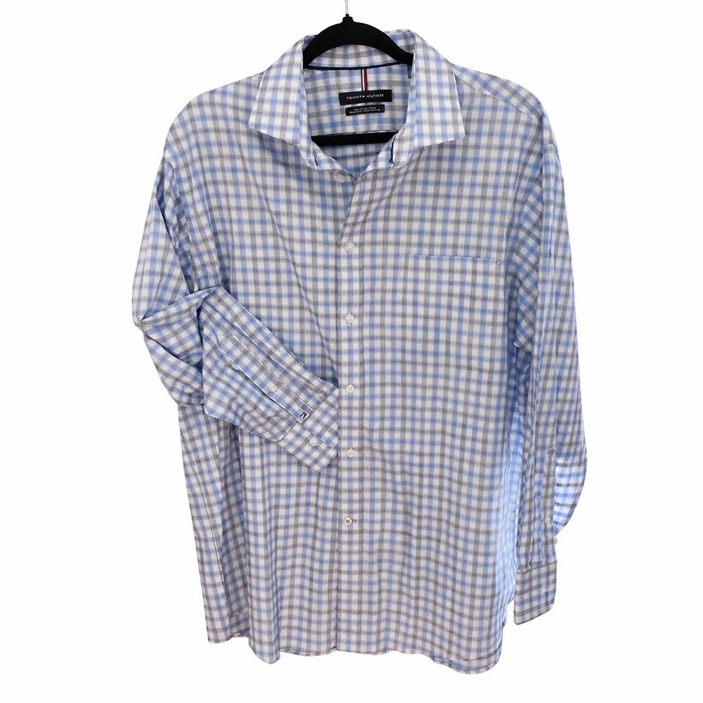 TOMMY HILFIGER , REGULAR FIT SHIRT,  long sleeves, blue and gray plaid, size XL,